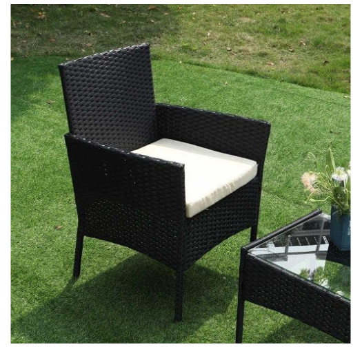 Градински мебели - маса, диван и две кресла, PE ратан, кафяв със бели възглавни