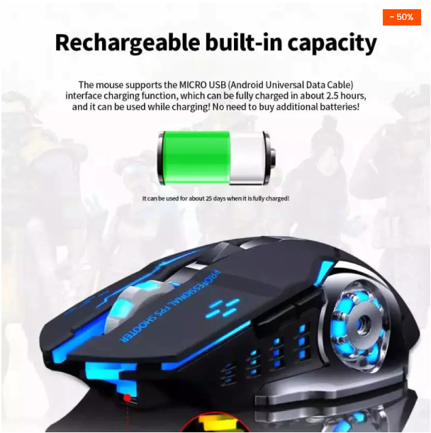Геймърска Безжична USB Презареждаема 6D мишка 3600 DPI, 7 цвята LED подсветка