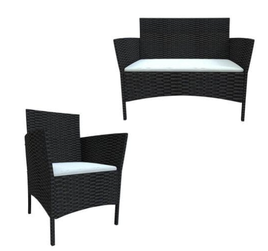 Градински мебели - маса, диван и две кресла, PE ратан, кафяв със бели възглавни