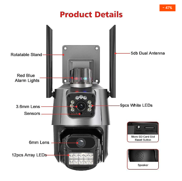 Външна WiFi Двупосочна Камера 6MP с AI за Всекидневна и Нощна Охрана